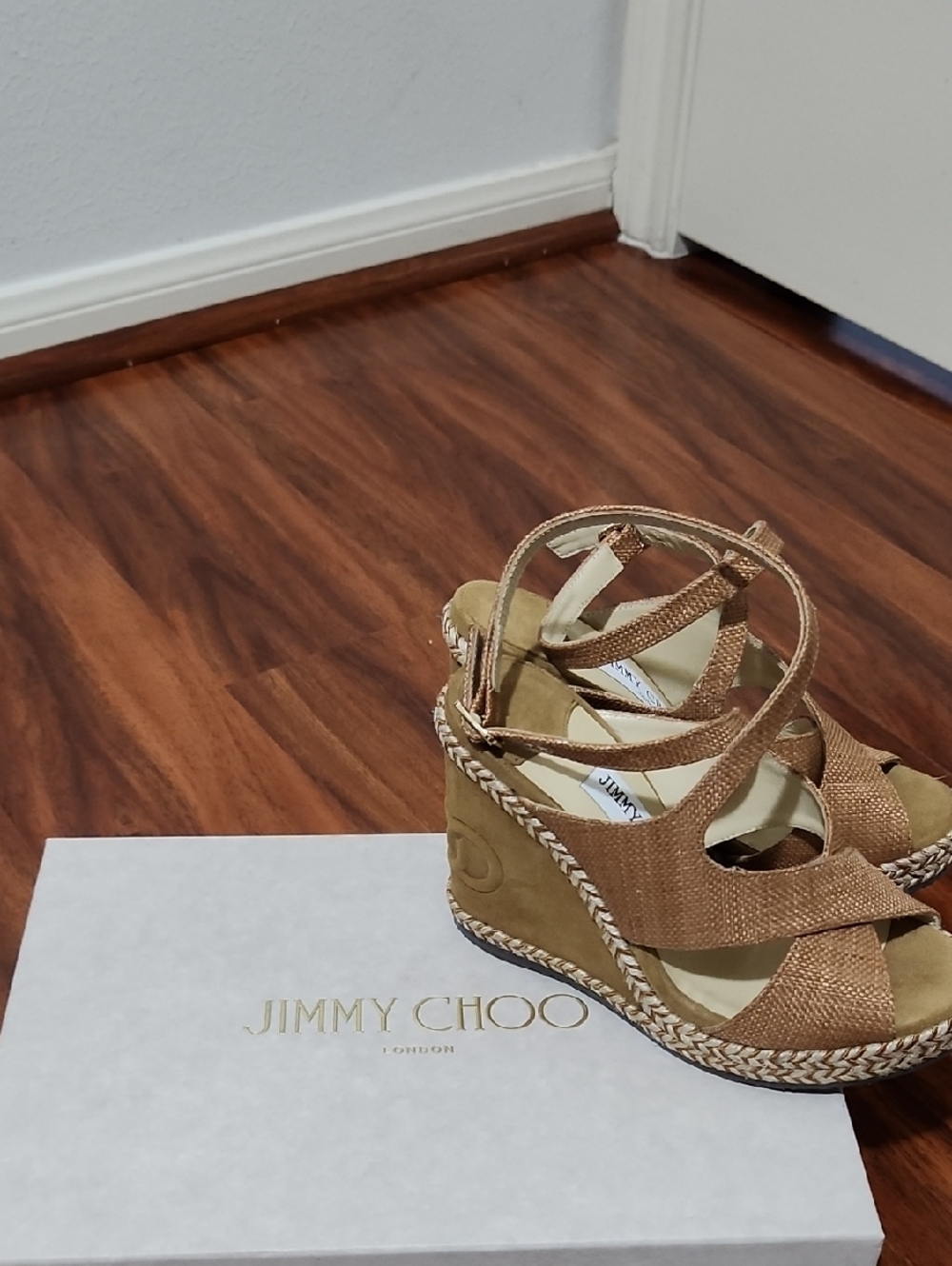 Jimmy Choo Bronze Woven Strappy Espadrille Wedges